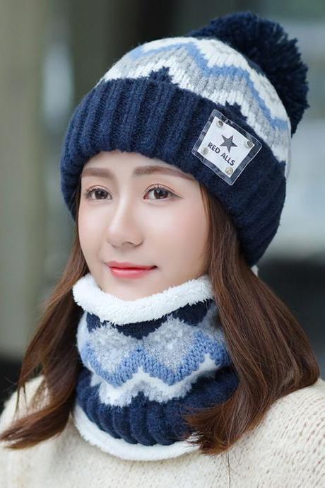 Navy Blue Autumn And Winter Plush Ear Protection Knitted Hat