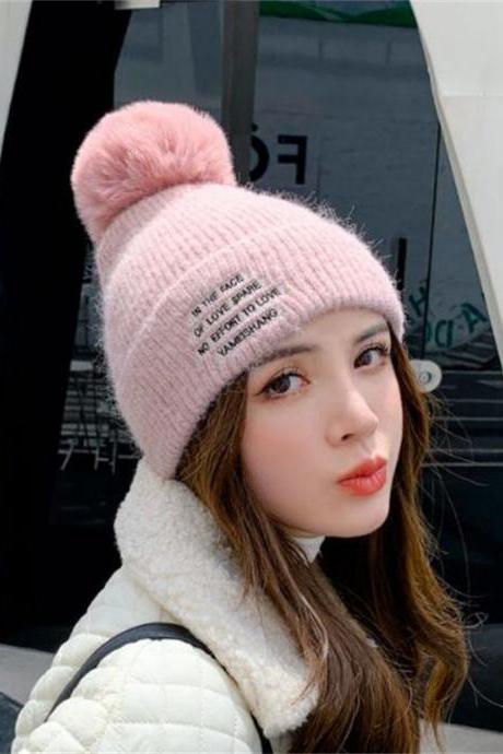 Pink Plush thickened warm letter knitted wool hat