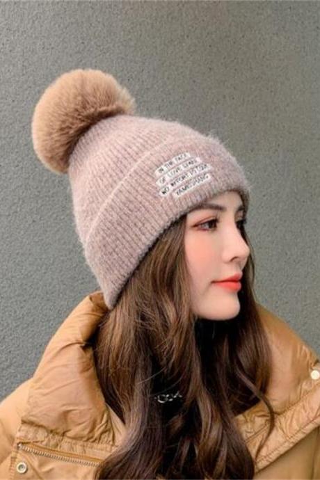 Coffee Plush thickened warm letter knitted wool hat
