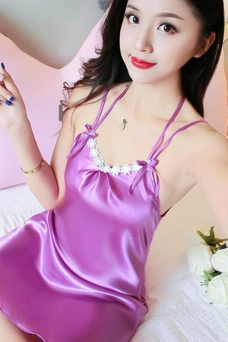 Women Sexy Sleepwear Silk Plus Size Night Dress-purple