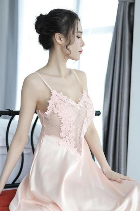 Silk Nightie Sleepshirts Long Womens Nightgowns Satin Night Dress-pink