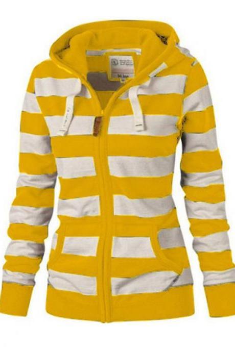 Yellow Stripe Pocket Long Sleeve Zippered Hoodie