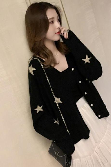 Fashion Star Print Knit Cardigan Embroidery Loose V-neck Sweater