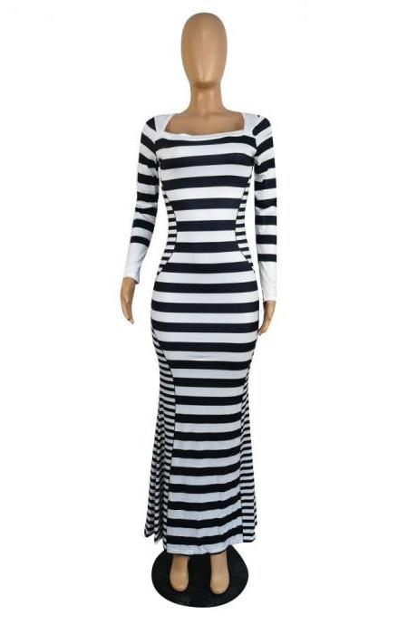 Fashionable Stripe Hip Wrap Long Dress