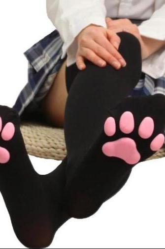 Kawaii Clothing 3D Cat Paw Over The Knee Stockings Black White Pink Tights Cosplay