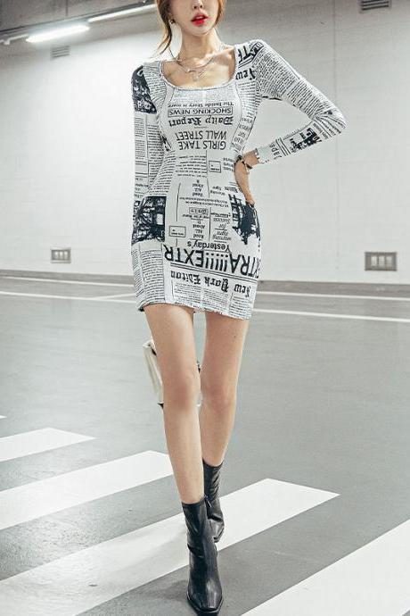 Fashion Long Sleeve Newspaper Printed Off Shoulder Dress