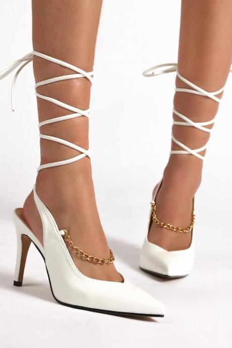 Metal Chain Pointed Thin Heel High Heel Strap Single Shoes