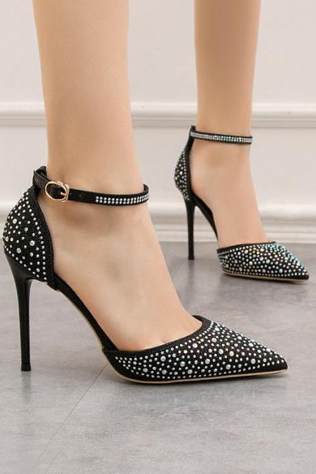 Black Shallow Mouth Pointed Hollow-out One-line with Shiny Rhinestone Sandals