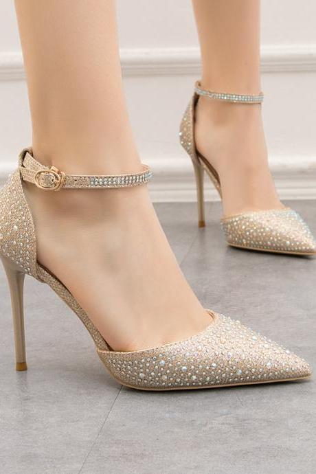 Shallow Mouth Pointed Hollow-out One-line With Shiny Rhinestone Sandals