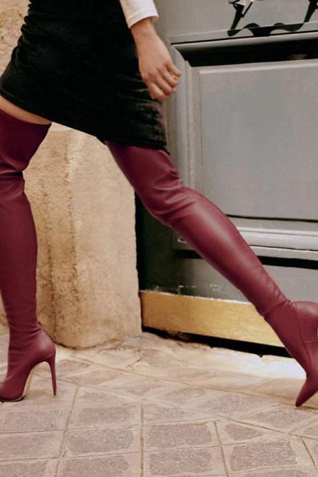 Wine Red New Pointed High Thin Heel Women's Large Knee Stretch Boots