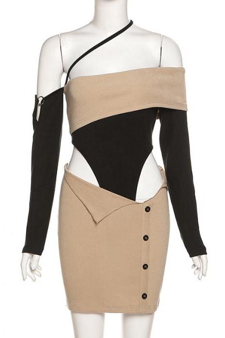 Sexy Slim Contrast Color Off Shoulder Jumpsuit High Waist Dress Set