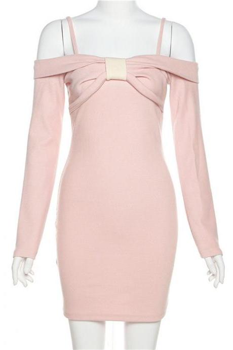Pink Slim Fit Fashion Straight Neck Suspender Long Sleeve Dress