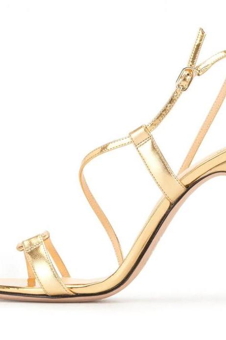 Golden Pu Banquet Party Women&amp;amp;#039;s Shoes Round Head Thin High-heeled Sandals