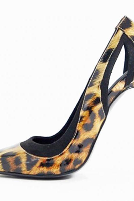 Leopard Print Patent Leather Stitched Black Hollow Out Fashion Women's Shoes
