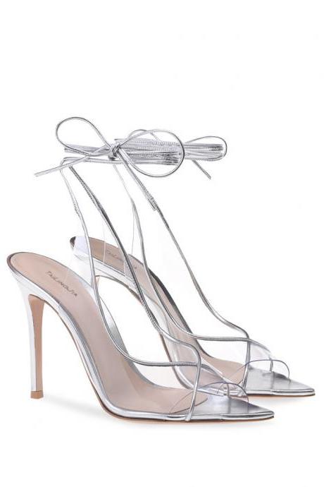 Silver Pointed Fish Mouth Transparent Pvc High Heel Open Heel Shoes