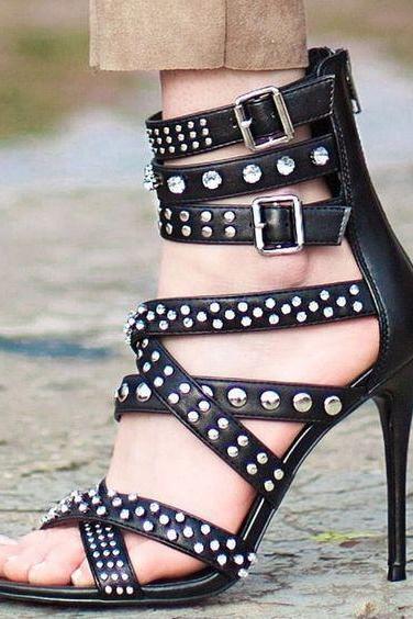 Solid Color Cow Rivet Sexy High-heeled Sandals