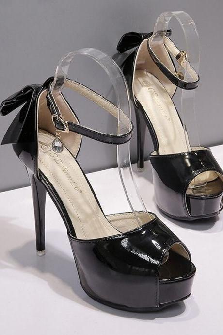 Black Pu Women Pumps Peep Toe Buckle Strap 12cm Thin Heels Waterproof Platform Shoes
