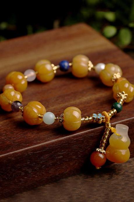 National Goldline Jade Pumpkin Beads Calabash Pendant Bracelet
