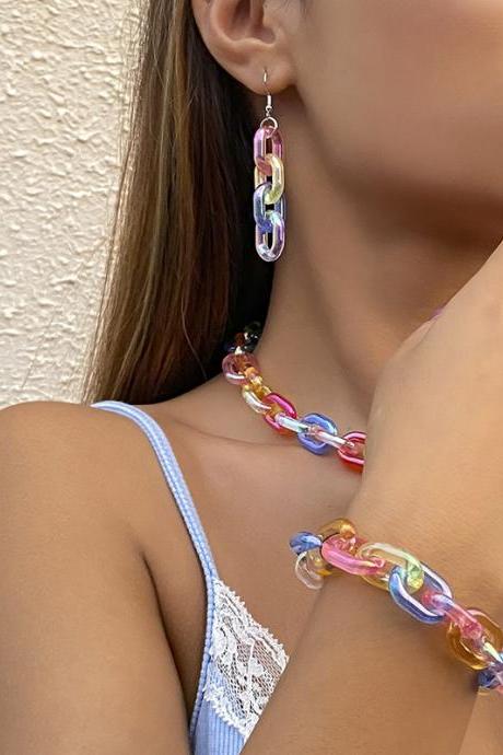 Stylish Multi-Colored Acrylic Earrings Necklace Bracelet Three Pieces Set