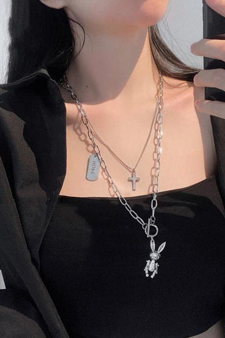 Cool Chic Alloy Chain Rabbit Cross Pendant Necklace