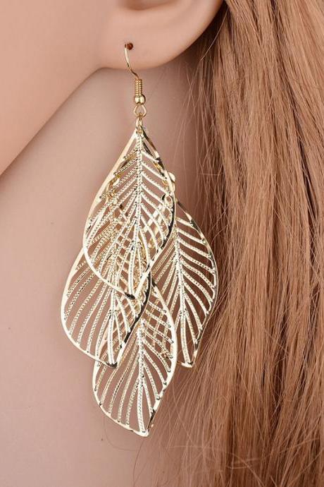 Stylish Silver&amp;amp;amp;gold Multi-layer Leaf Hollow Earrings