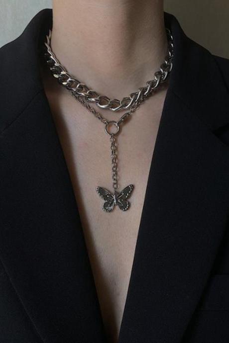 Vintage Butterfly Pendant Hip Hop Clavicle Necklace