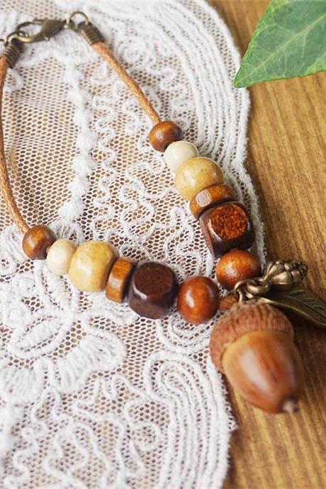 Vintage Handmade Acorn Beads Alloy Leaf Bracelet