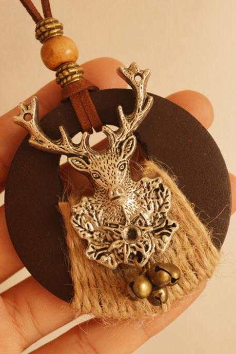 Vintage Christmas Elk Bells Wooden Long Necklace