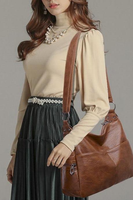 BROWN Vintage Solid Color Split-Joint Leather Shoulder Bag
