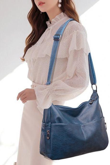 BLUE Vintage Solid Color Split-Joint Leather Shoulder Bag