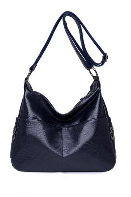 DARK BLUE Vintage Solid Color Split-Joint Leather Shoulder Bag