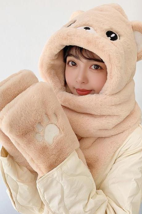 CAMEL Urban Faux Fur Keep Warm Embroidered Bear Hat Scarf