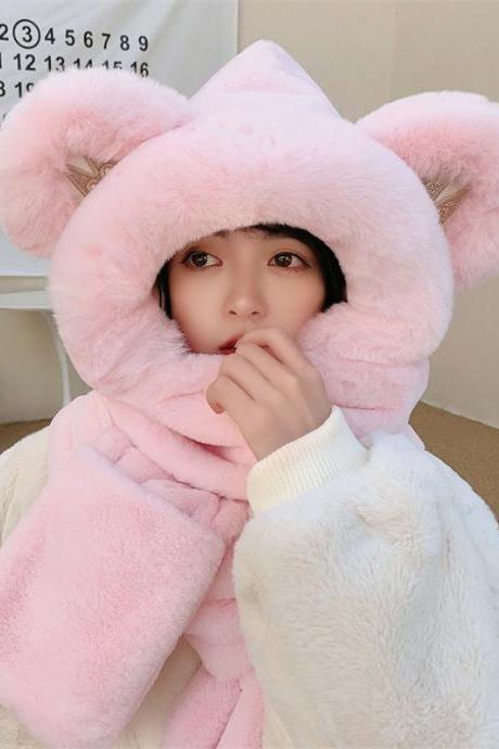 PINK Casual Cute Winter Keep Warm Faux Fur Bear Scarf&Hat