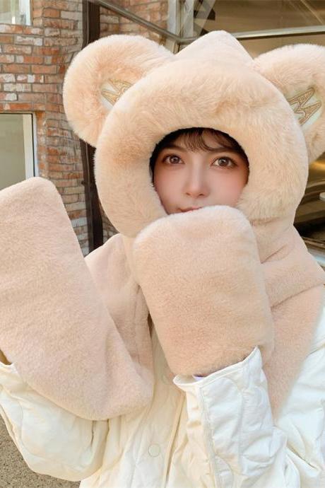 CAMEL Casual Cute Winter Keep Warm Faux Fur Bear Scarf&Hat
