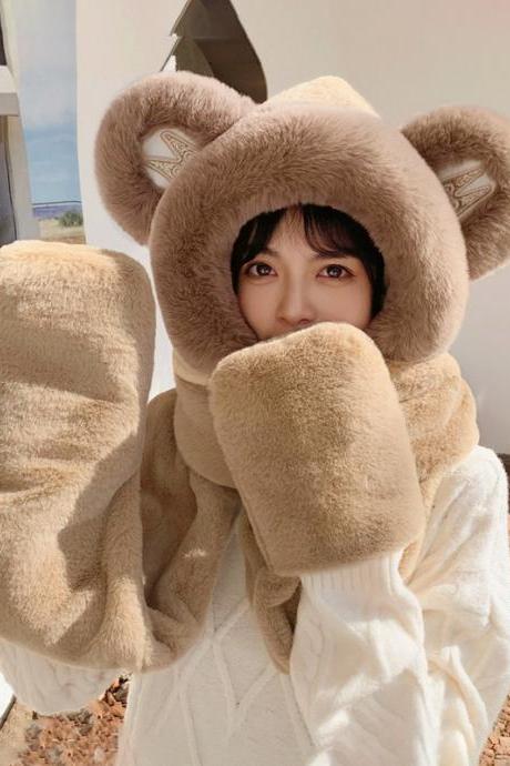KHAKI Casual Cute Winter Keep Warm Faux Fur Bear Scarf&Hat