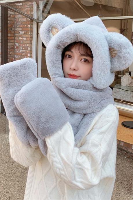 GRAY Casual Cute Winter Keep Warm Faux Fur Bear Scarf&Hat