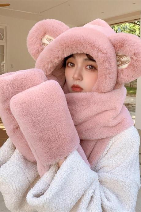 DEEP PINK Casual Cute Winter Keep Warm Faux Fur Bear Scarf&Hat
