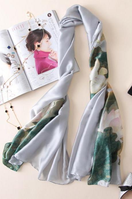 SILVER GRAY Vintage Floral Printed Silk Imitation Shawl&Scarf