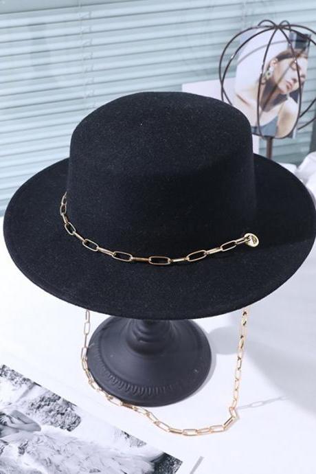BLACK Vintage Wool Blend Solid Color Chain Top Hat