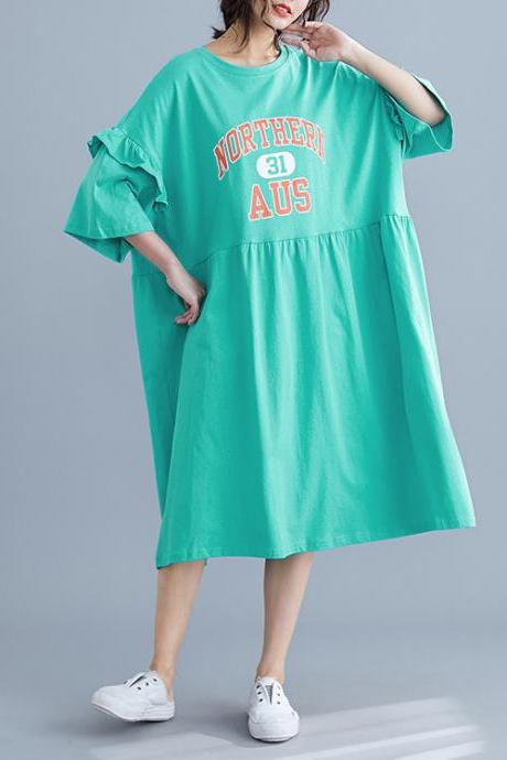 Lotus Leaf Sleeve Knee Length Short Sleeve T-shirt Printed Holiday Beach Dress