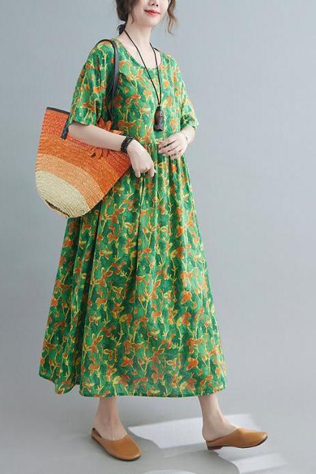 Vintage Greenprint Large Loose Bohemian Seaside Holiday Dress