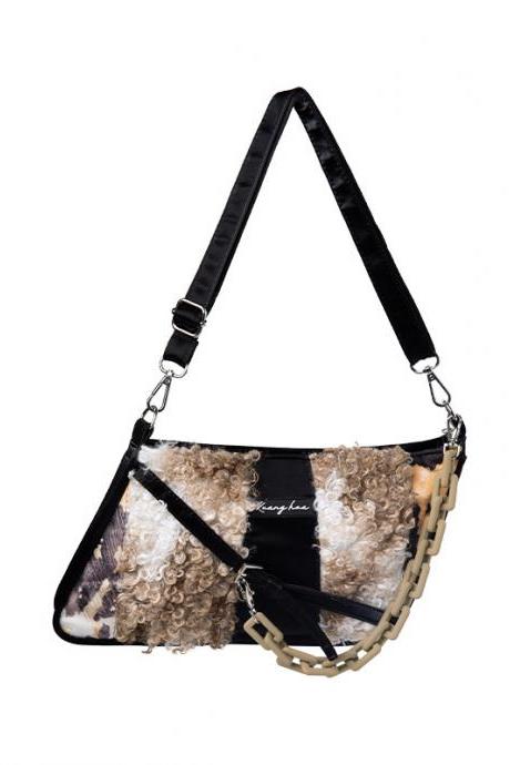 KHAKI Original Stylish Leopard Sherpa Chain Bag