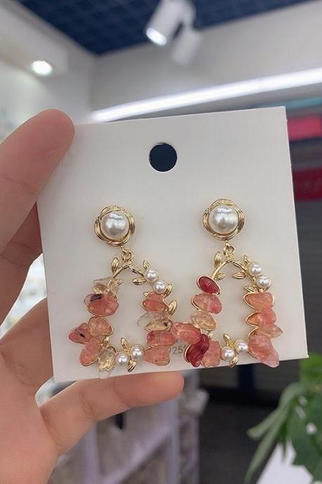 Pink Simple Pearl Rhinestone Earrings Accessories