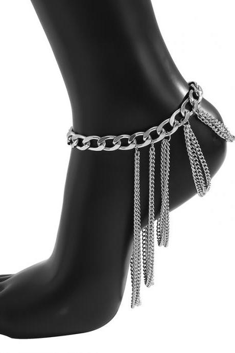Silver Simple Multi-layered Tassels Chains Anklets