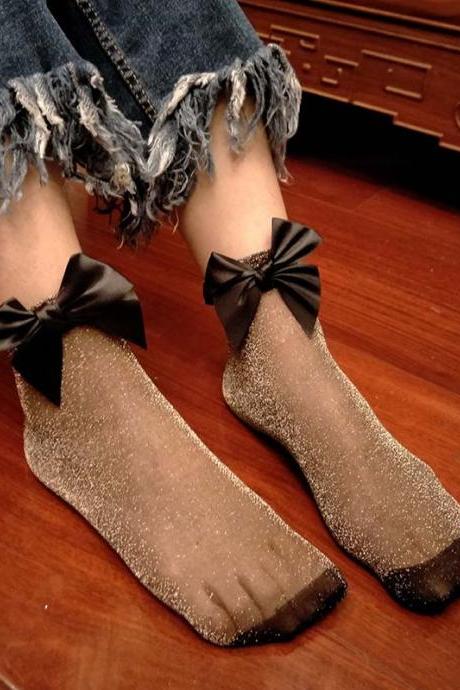 Coffee Bow-embellished Thin Socks