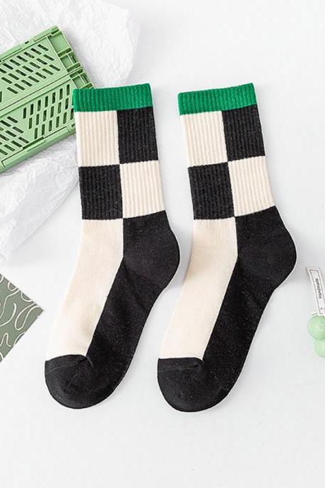 Style G Urban Green Contrast Color Plaid Socks Accessories