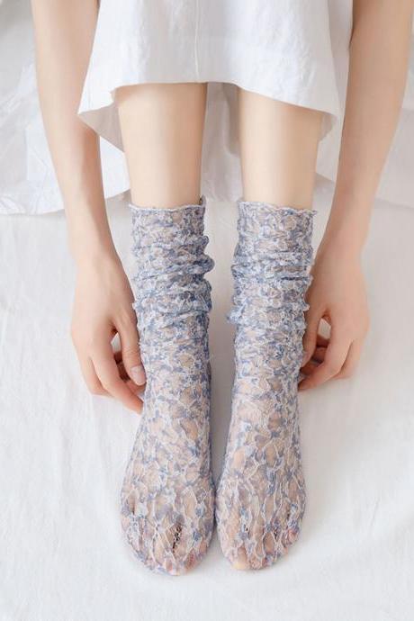 Deep Blue Artistic Retro Hollow Mesh Embroidered Socks