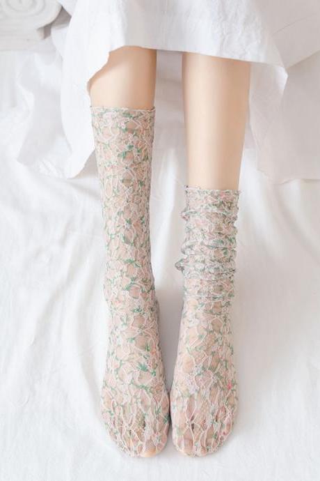 Green Artistic Retro Hollow Mesh Embroidered Socks