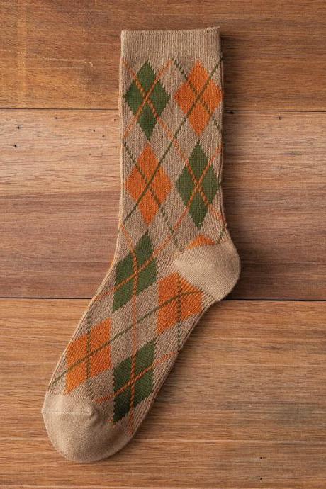 KHAKI Vintage Contrast Colors Rhombic Printed Socks