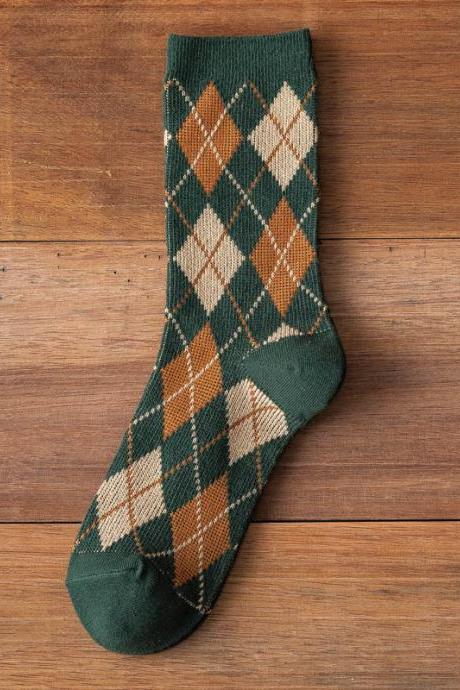Green Vintage Contrast Colors Rhombic Printed Socks